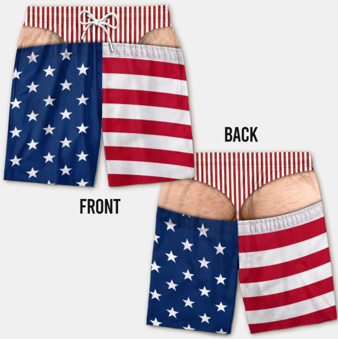 Urbanomax™ Patriotic swim trunks featuring red, white, and blue stars and stripes for casual beach or poolside wear.