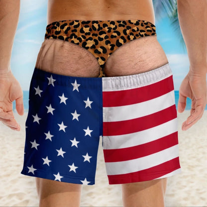 Urbanomax Patriotic swim trunks featuring stars and stripes design, perfect for summer pool or beach outings.