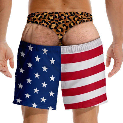 Urbanomax™ Patriotic swim trunks with red, white, and blue flag design, styled for beach or poolside wear.