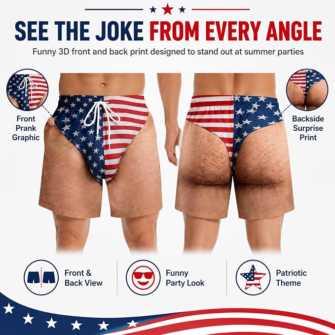 Urbanomax™ patriotic swim trunks with red, white, and blue design, featuring stars and stripes for casual summer wear.