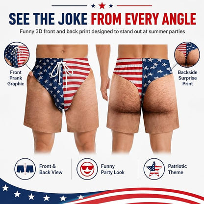 Urbanomax™ patriotic swim trunks with red, white, and blue design, featuring stars and stripes for casual summer wear.