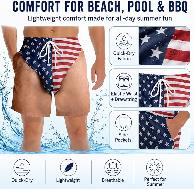 Urbanomax™ patriotic swim trunks featuring red, white, and blue design with stars and stripes for casual swimming or beach wear.