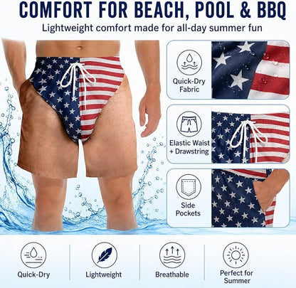 Urbanomax™ patriotic swim trunks featuring red, white, and blue design with stars and stripes for casual swimming or beach wear.