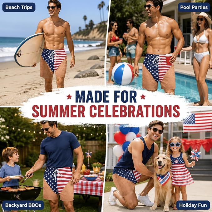 Urbanomax™ Patriotic swim trunks with red, white, and blue design, featuring stars and stripes for a stylish summer look.