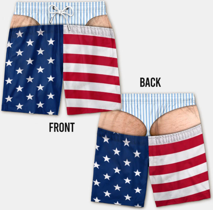 Urbanomax™ Patriotic swim trunks featuring red, white, and blue flag design, displayed laid flat on a white background.